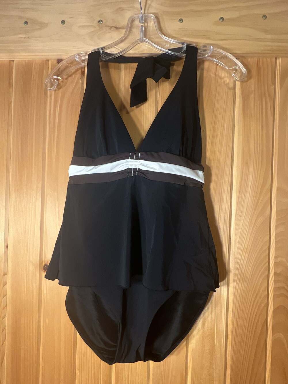 Spanx Black Halter Neck Swimdress Swimsuit with Contrast Striped Banding Size 8